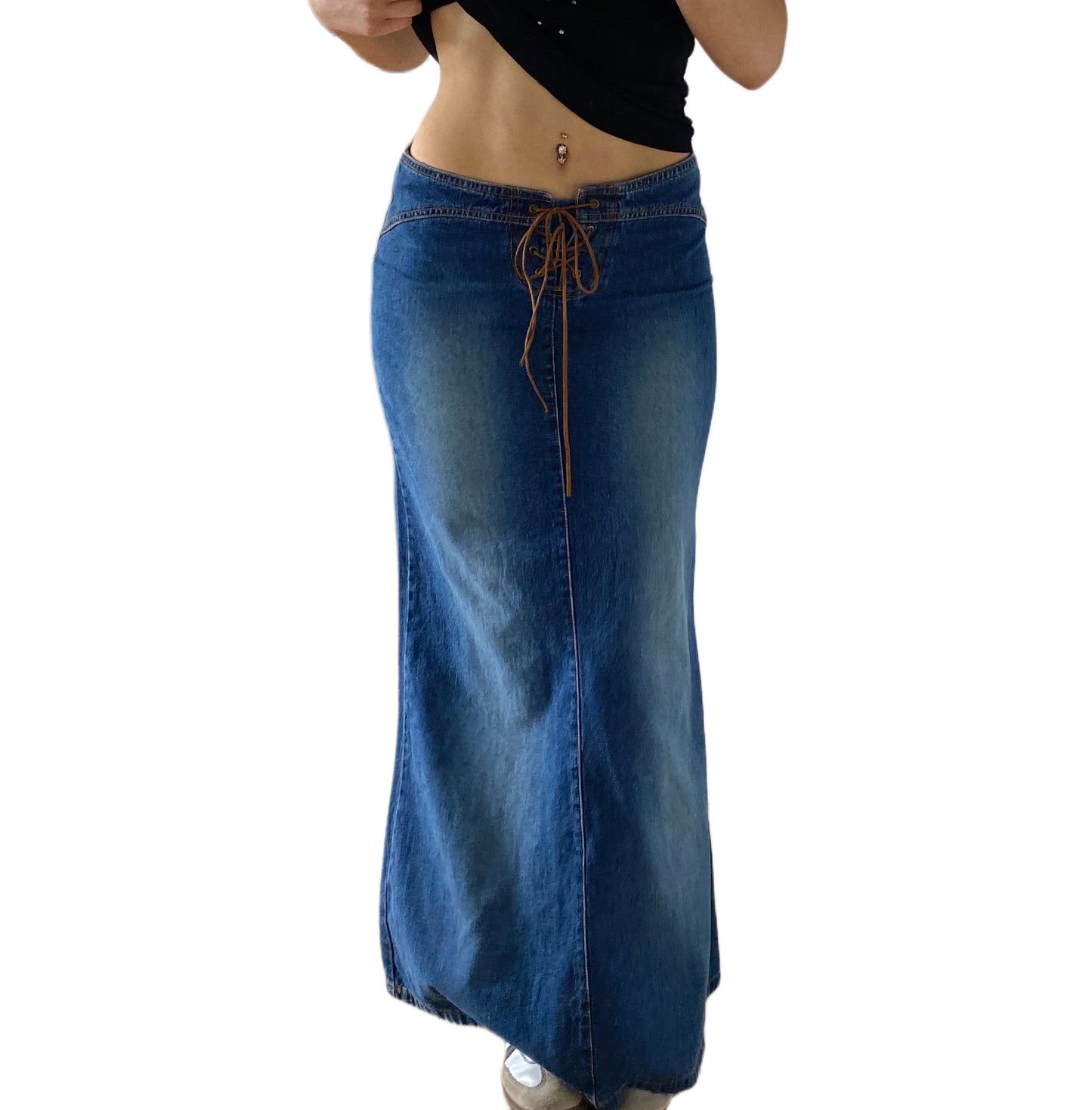 denim low rise maxi skirt