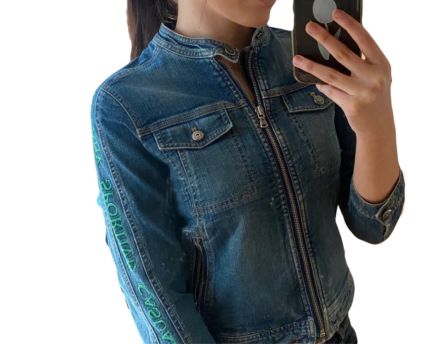 tiffany fitted denim moto jacket